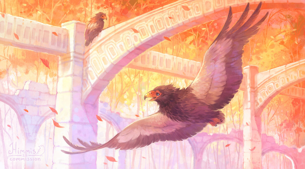 A drawing of a bateleur eagle in flight. It is flying through the arches of an old building, wings stretched out, beak slightly open. The colours of the image are very warm and it looks like a very nice autumn day with some leaves also falling down. On top of one of the arches, another bateleur eagle can be seen, perched.
